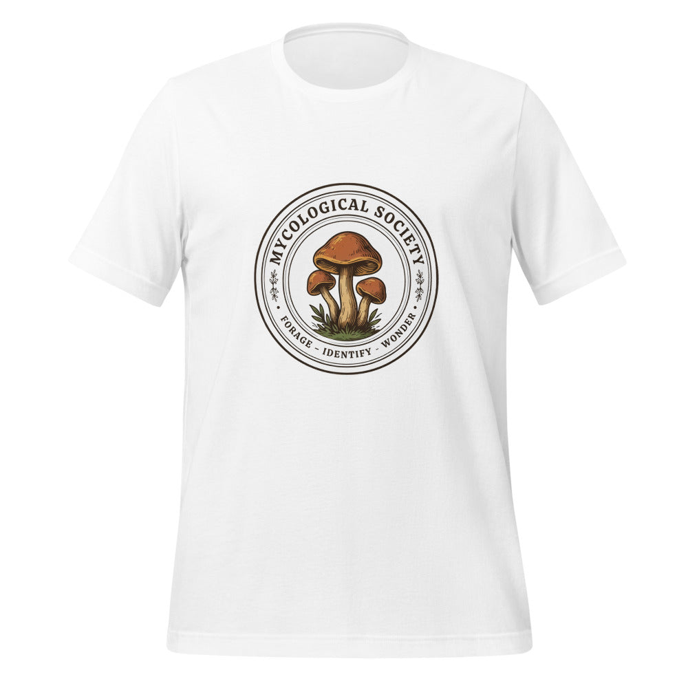Mushroom Foraging Mycological Society vintage botanical tee — White, front