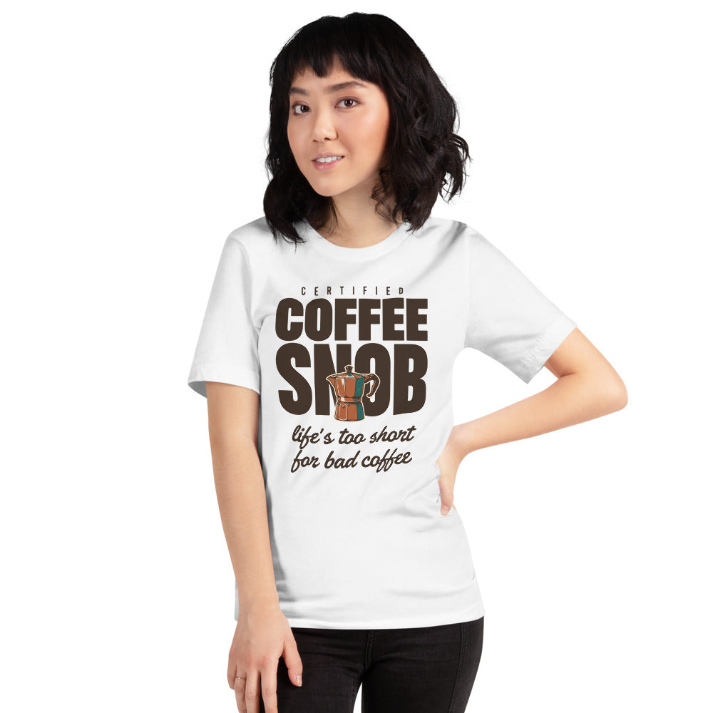 Certified Coffee Snob coffee tee — White, on model