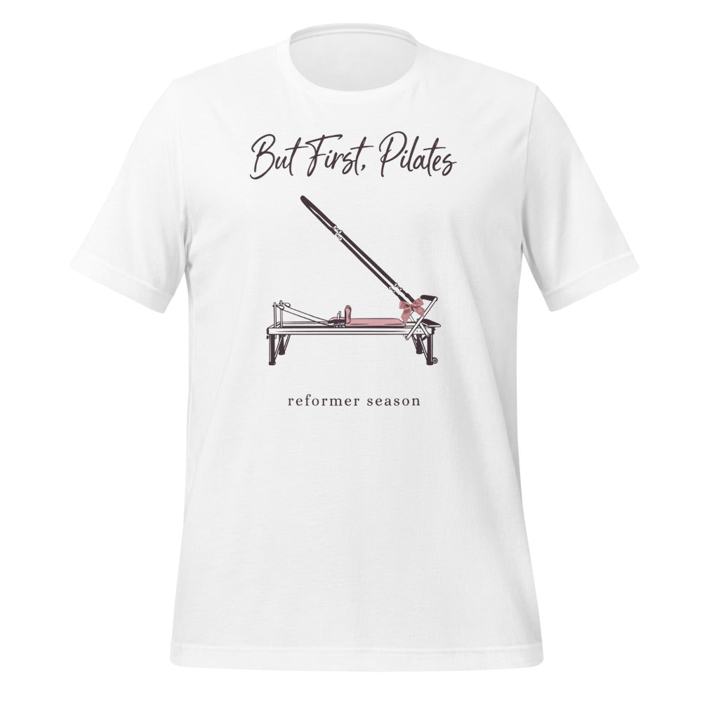 But First Pilates reformer line-art tee — White, front