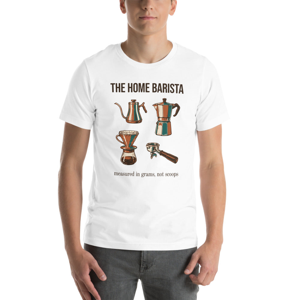 The Home Barista specialty coffee tee — White, on model