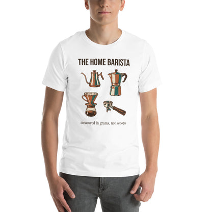 The Home Barista specialty coffee tee — White, on model