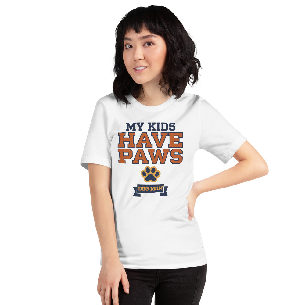 My Kids Have Paws funny dog mom tee — White, on model