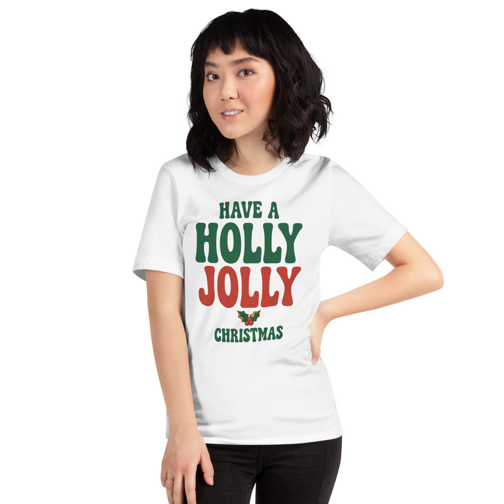 Groovy Holly Jolly retro Christmas tee — White, on model