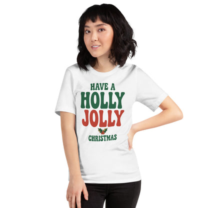 Groovy Holly Jolly retro Christmas tee — White, on model