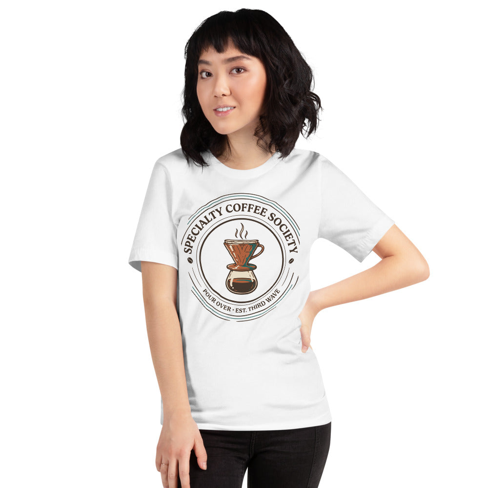 Specialty Coffee Society specialty coffee tee — White, on model