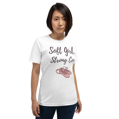 Soft Girl Strong Core ballet coquette pilates tee — White, on model