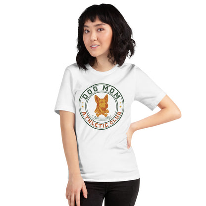 Dog Mom Athletic Club vintage varsity crest tee — White, on model