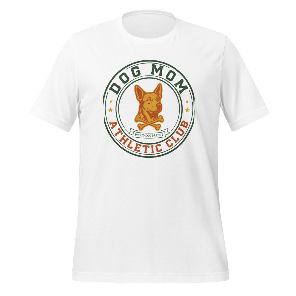 Dog Mom Athletic Club vintage varsity crest tee — White, front