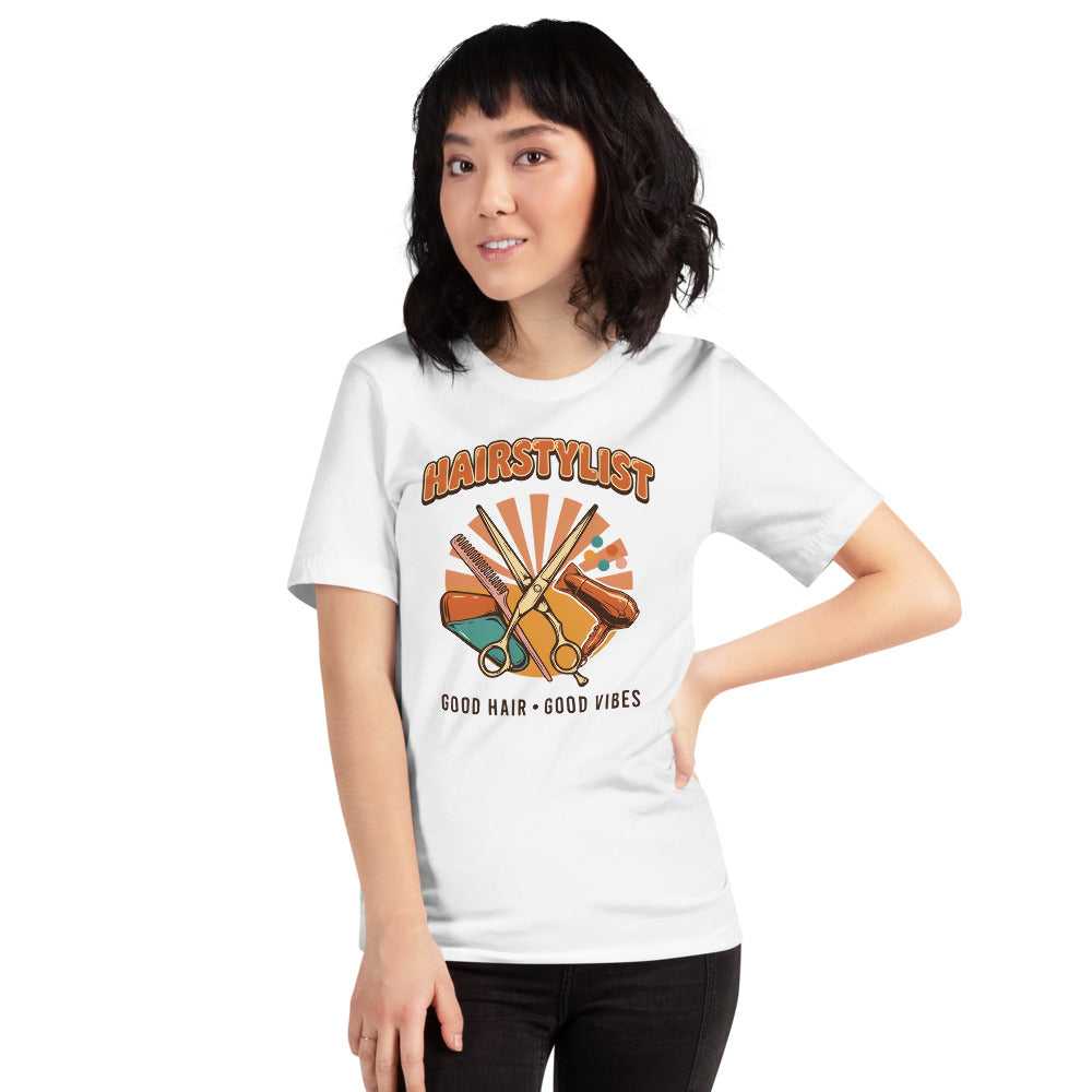 Retro Salon Hairstylist good hair good vibes tee — White, on model