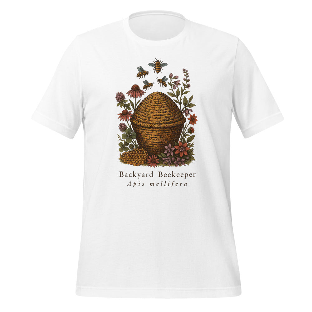 Backyard Beekeeper field-guide bee tee — White, front