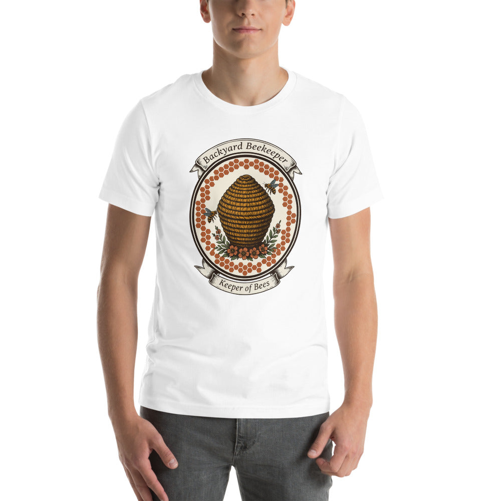 Backyard Beekeeper Keeper of Bees vintage apiary crest tee — White, on model