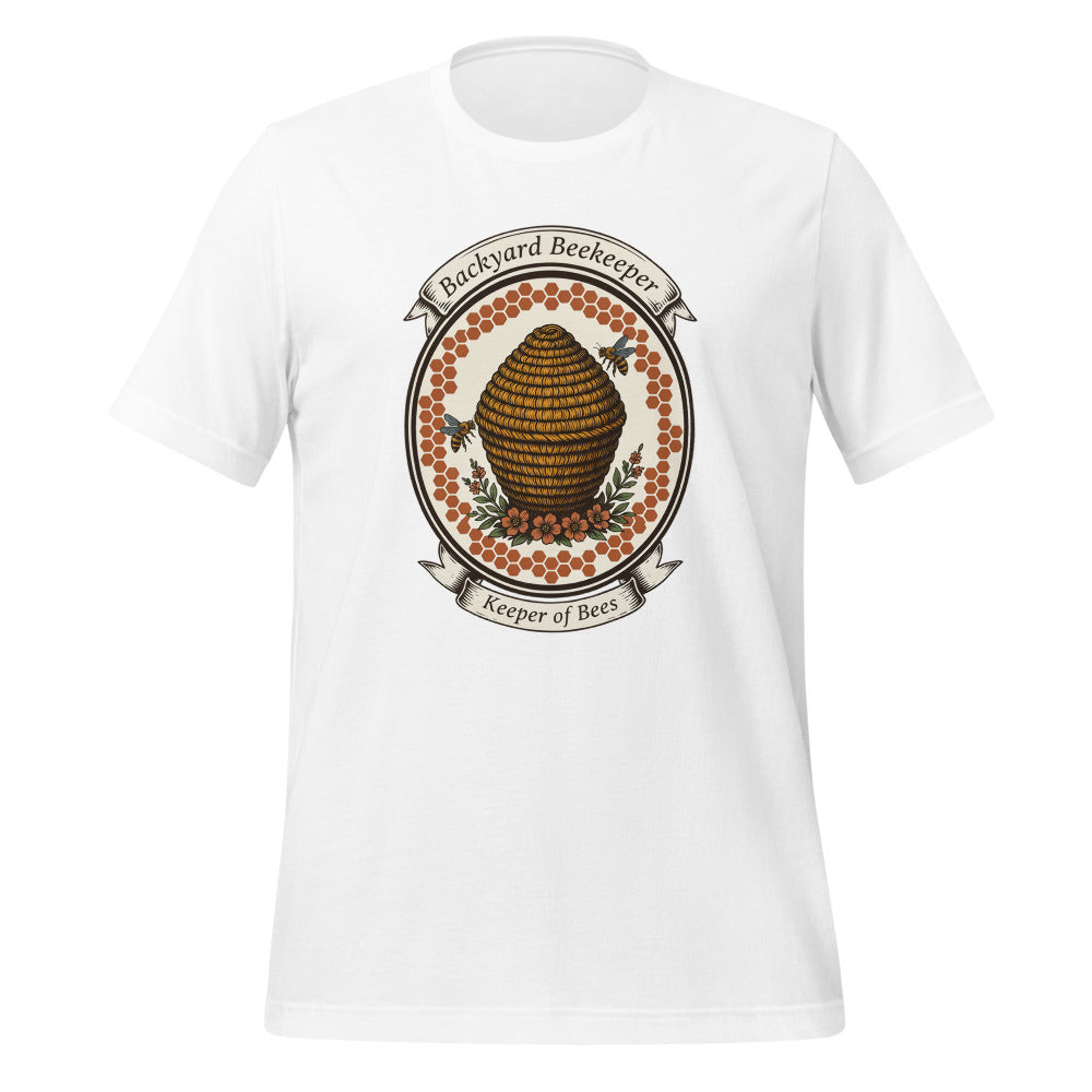 Backyard Beekeeper Keeper of Bees vintage apiary crest tee — White, front