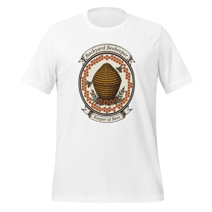 Backyard Beekeeper Keeper of Bees vintage apiary crest tee — White, front