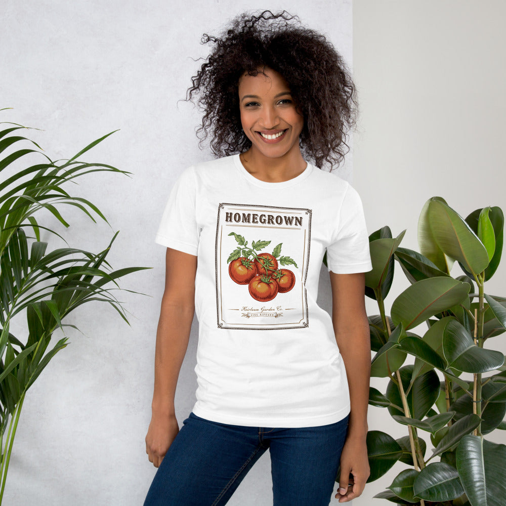 Homegrown Heirloom Seed Packet gardening tee — White, on model