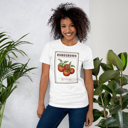 Homegrown Heirloom Seed Packet gardening tee — White, on model