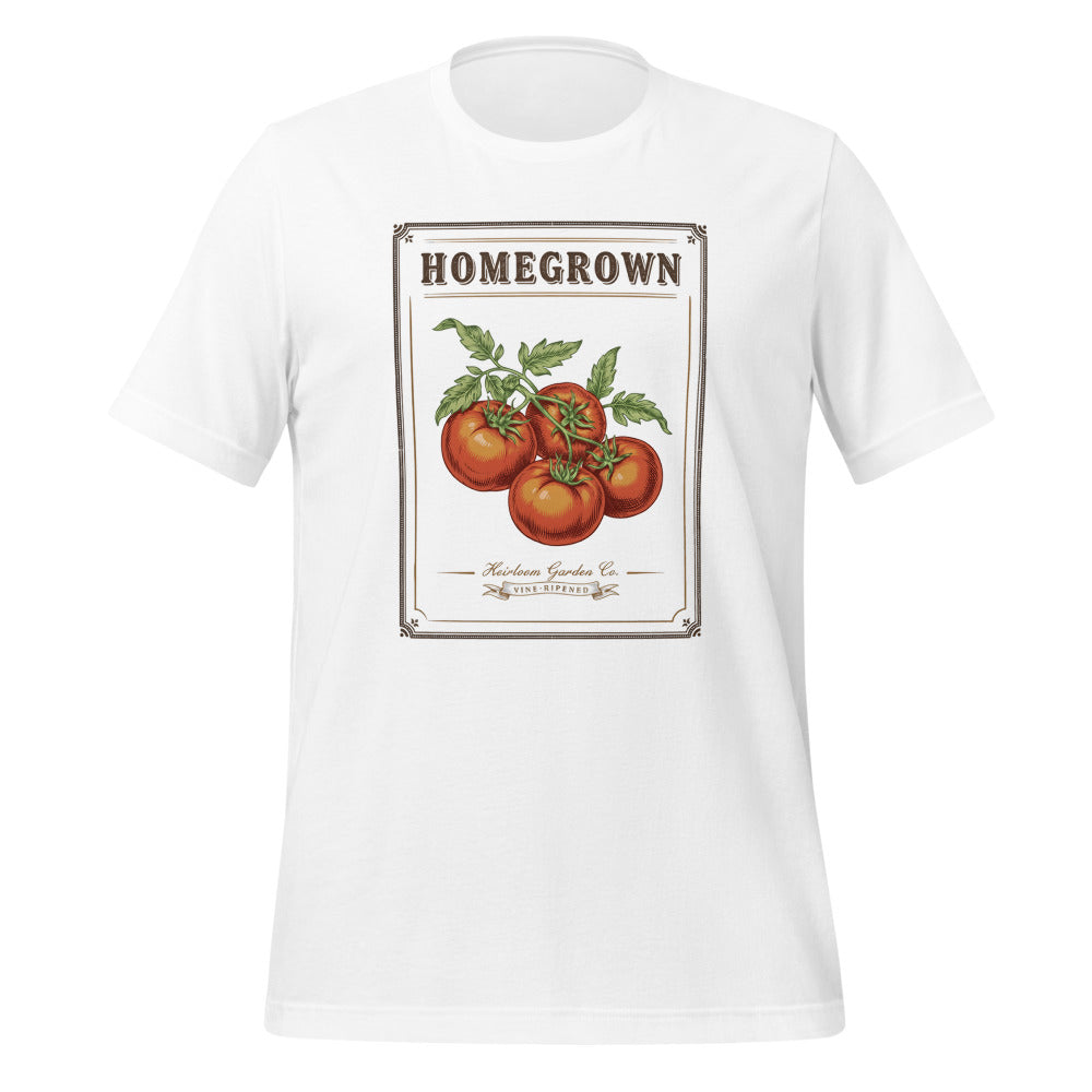 Homegrown Heirloom Seed Packet gardening tee — White, front