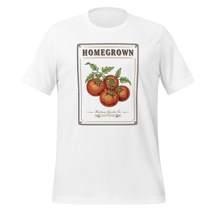 Homegrown Heirloom Seed Packet gardening tee — White, front