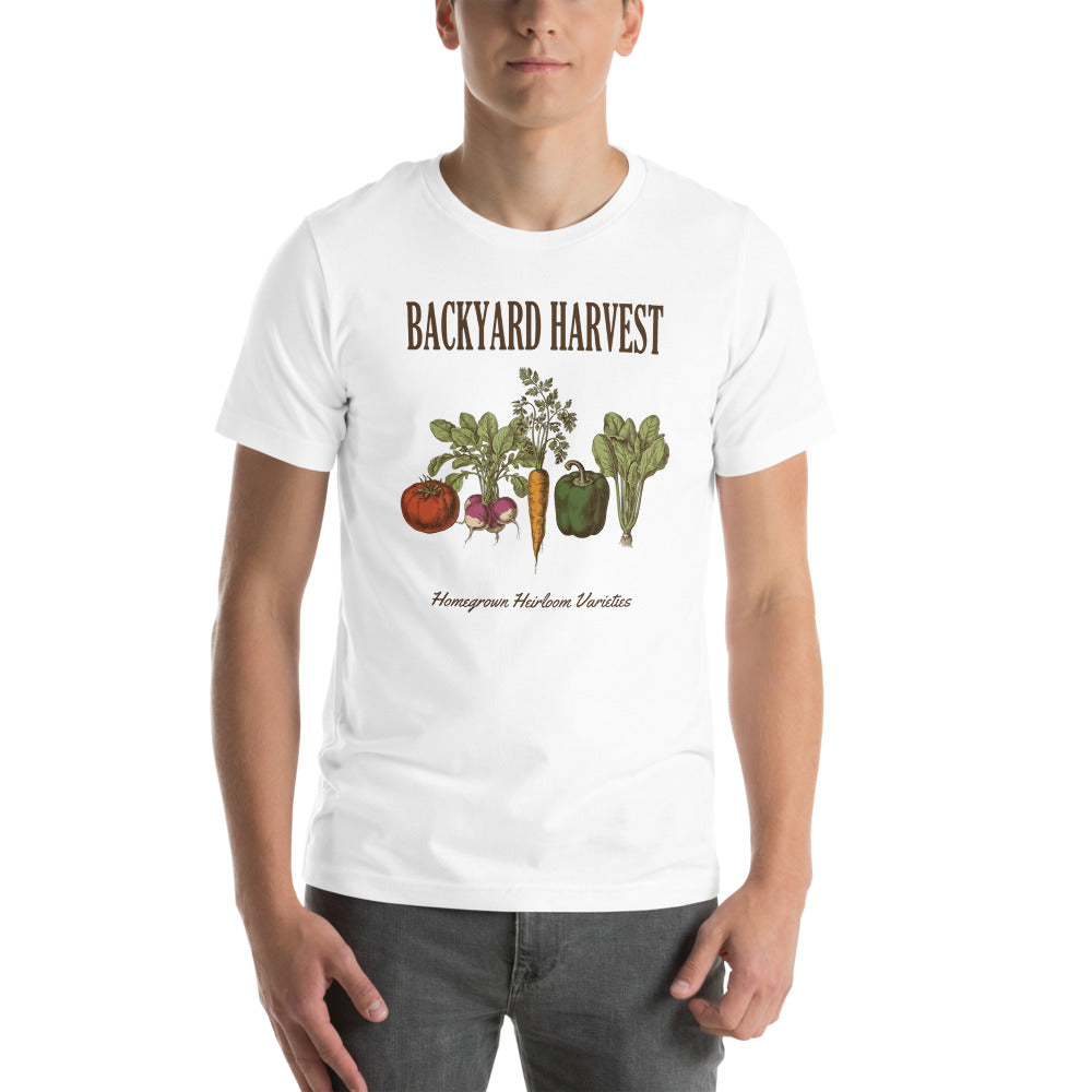 Backyard Harvest heirloom vegetable gardening tee — White, on model