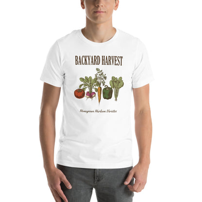 Backyard Harvest heirloom vegetable gardening tee — White, on model