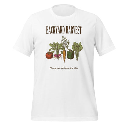 Backyard Harvest heirloom vegetable gardening tee — White, front