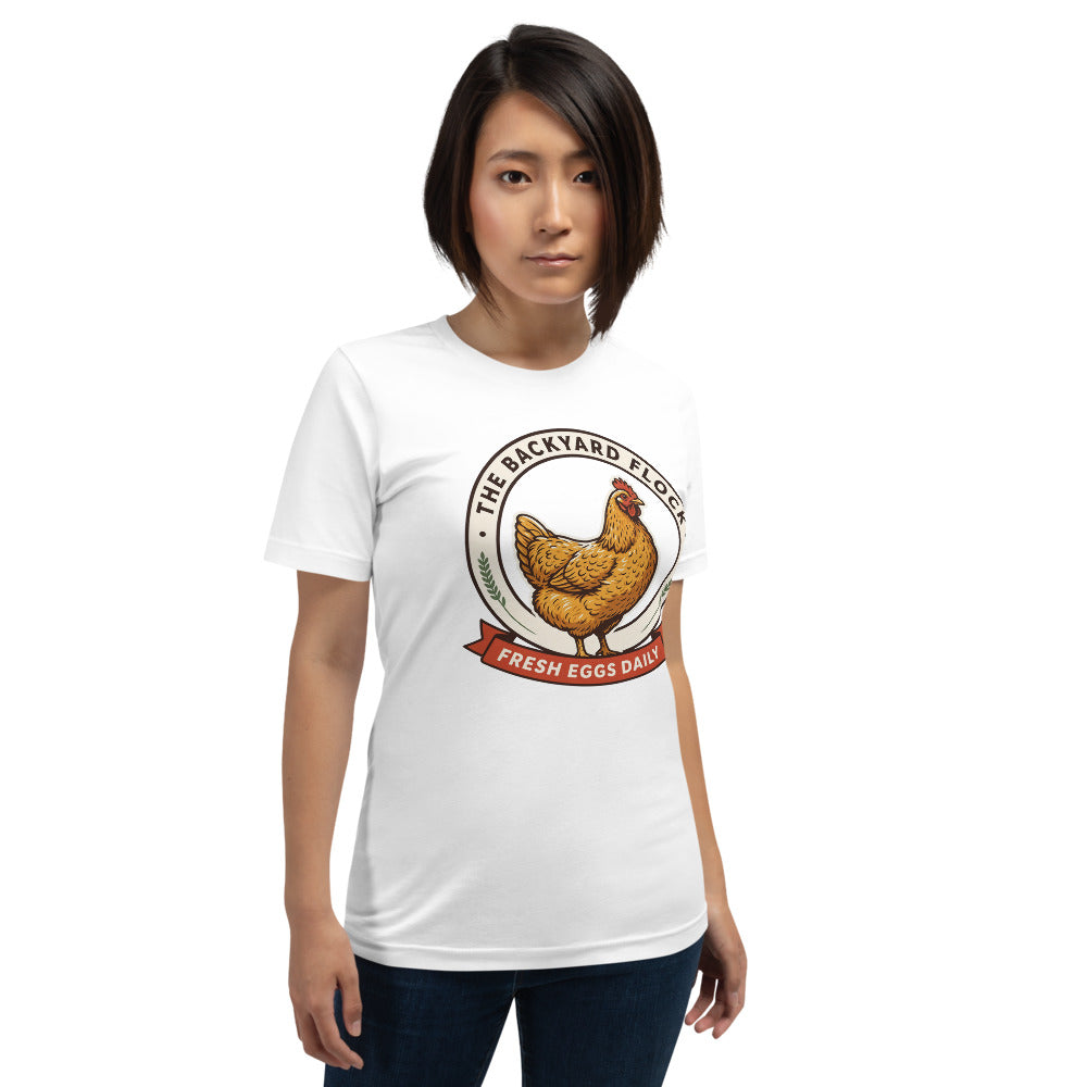 Backyard Flock heritage chicken keeper tee — White, on model
