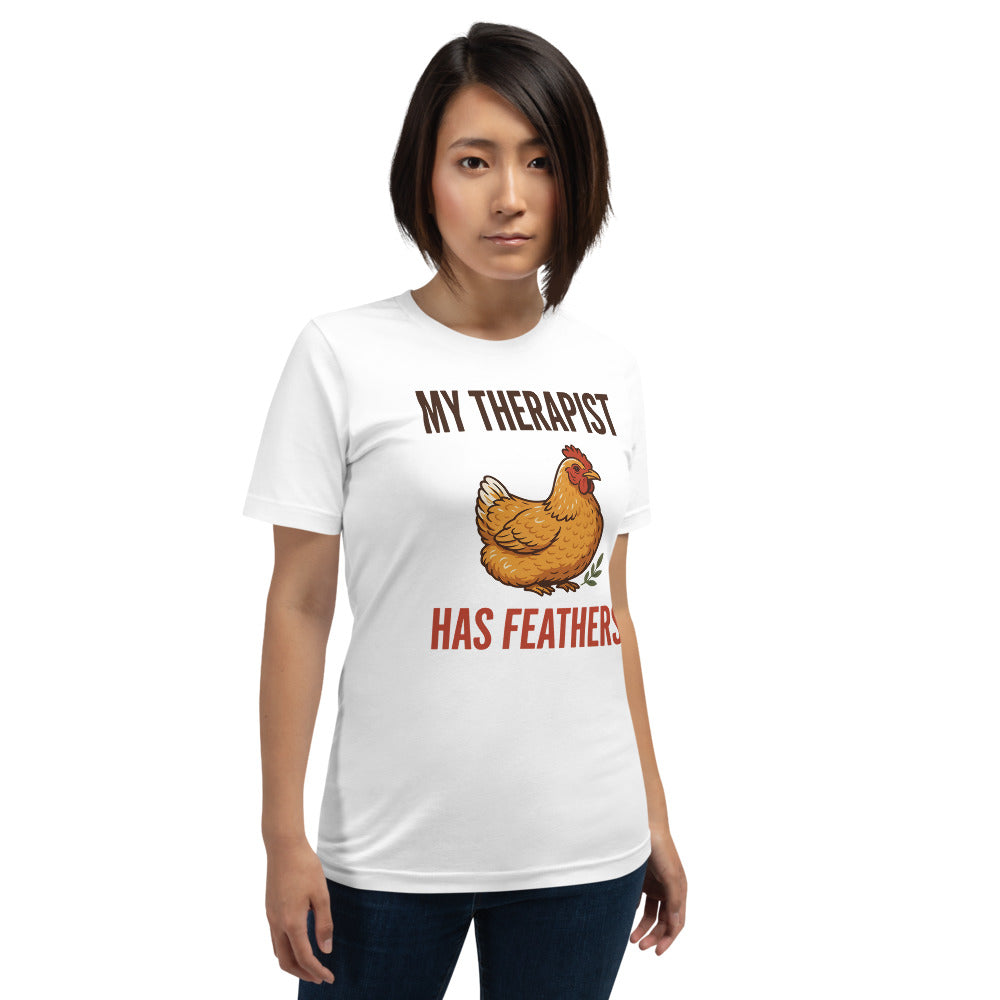 My Therapist Has Feathers funny chicken keeper tee — White, on model