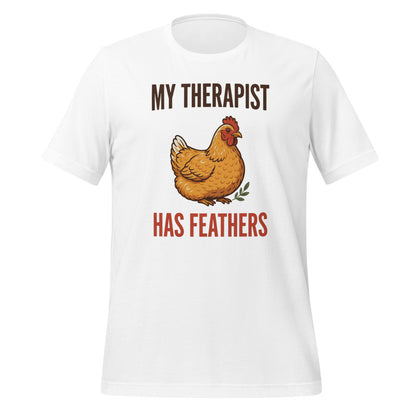 My Therapist Has Feathers funny chicken keeper tee — White, front