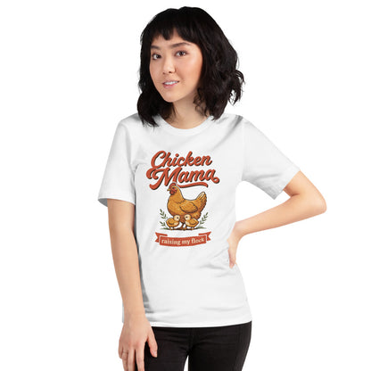 Chicken Mama raising my flock chicken keeper tee — White, on model
