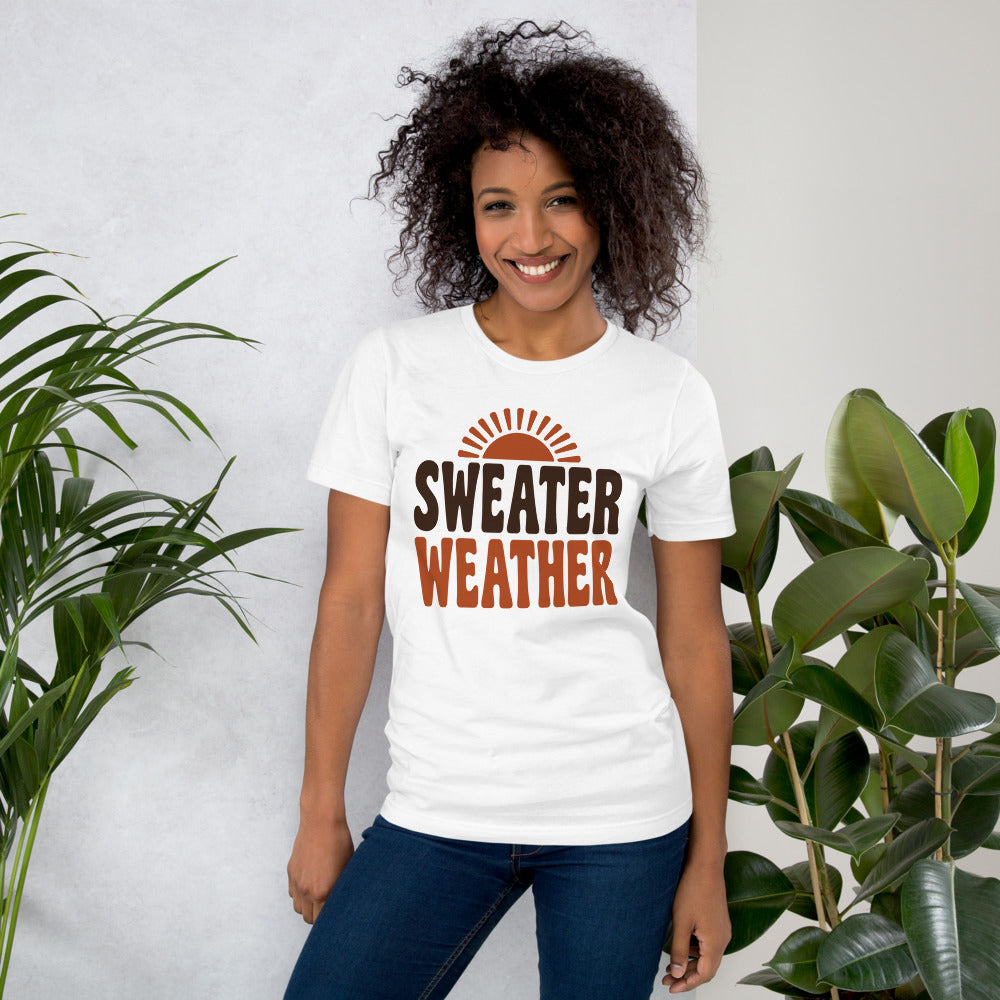 Sweater Weather retro 70s fall t-shirt — White, on model
