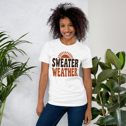 Sweater Weather retro 70s fall t-shirt — White, on model