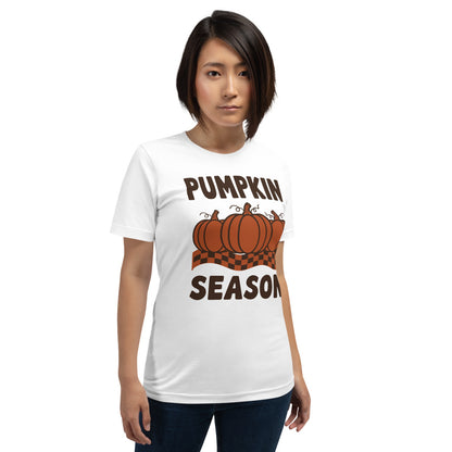 Pumpkin Season retro 70s fall t-shirt — White, on model