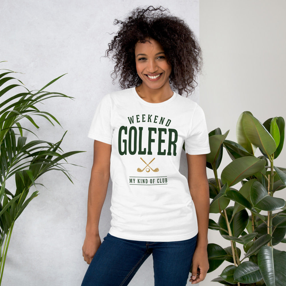 Weekend Golfer vintage golf wordmark tee — White, on model