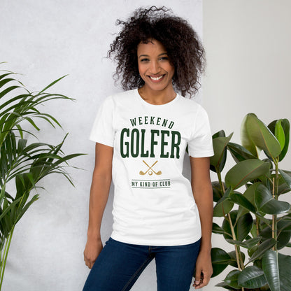 Weekend Golfer vintage golf wordmark tee — White, on model