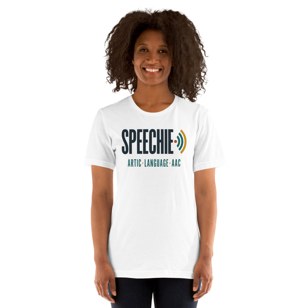 Speechie Wordmark speech therapy tee — White, on model