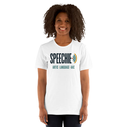 Speechie Wordmark speech therapy tee — White, on model