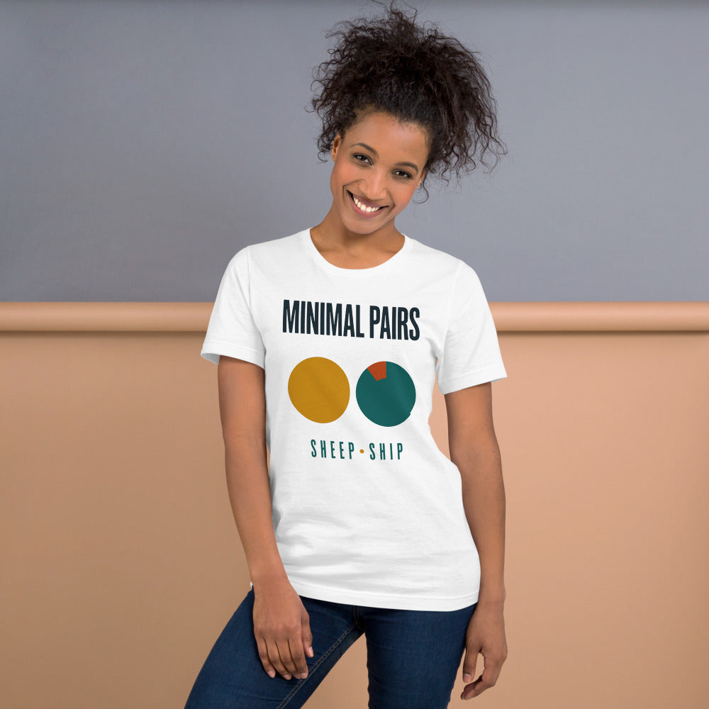 Minimal Pairs speech therapy tee — White, on model
