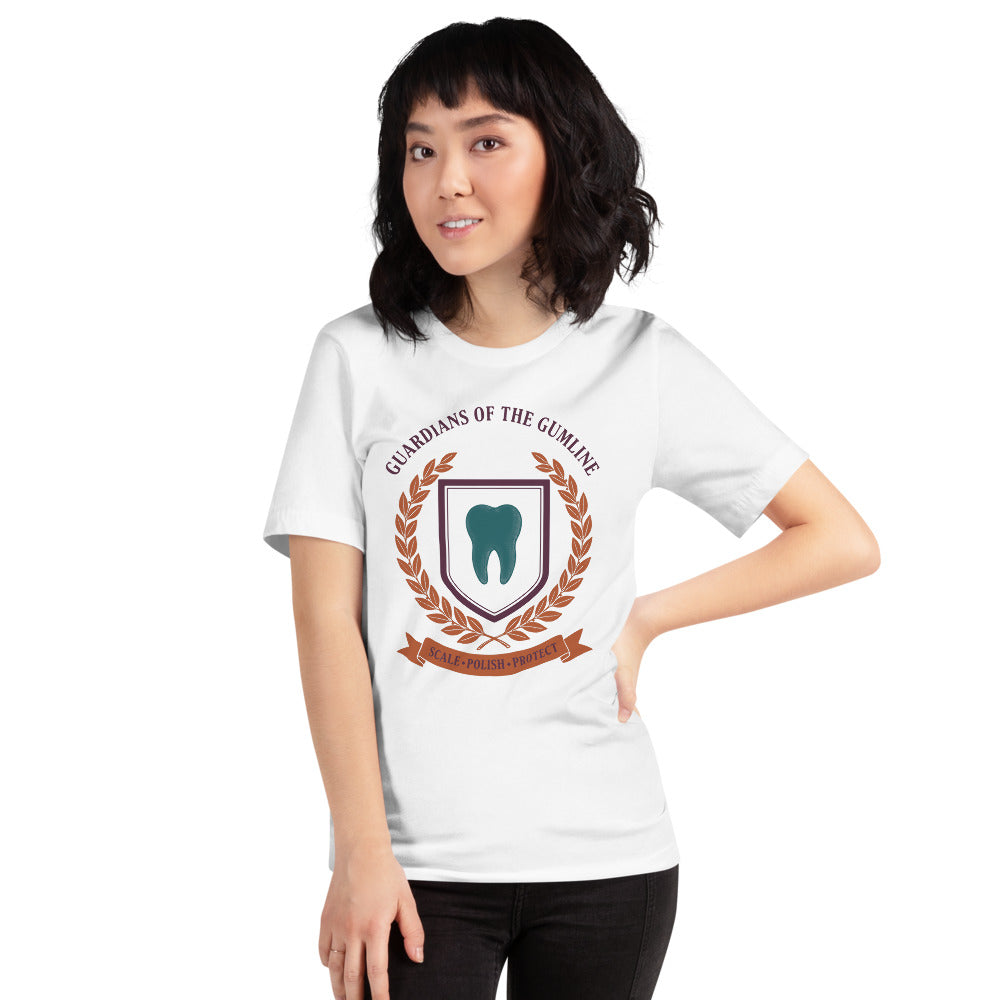 Guardians of the Gumline dental hygienist tee — White, on model