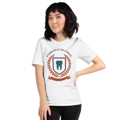 Guardians of the Gumline dental hygienist tee — White, on model