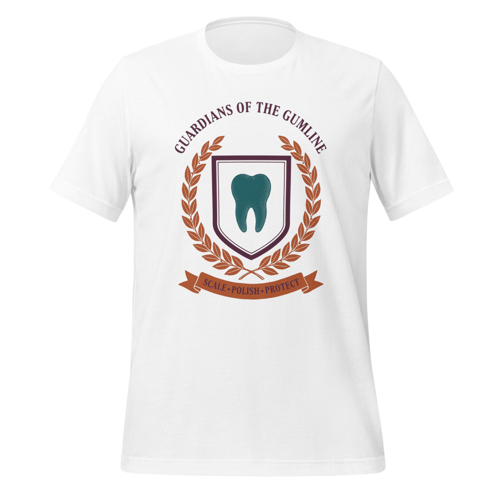 Guardians of the Gumline dental hygienist tee — White, front