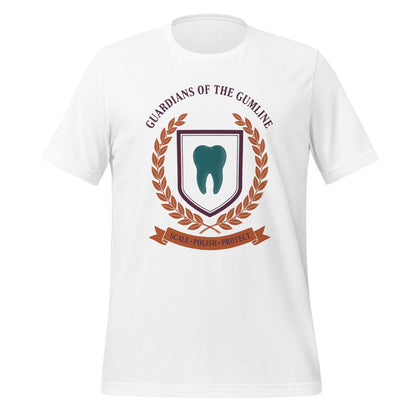 Guardians of the Gumline dental hygienist tee — White, front