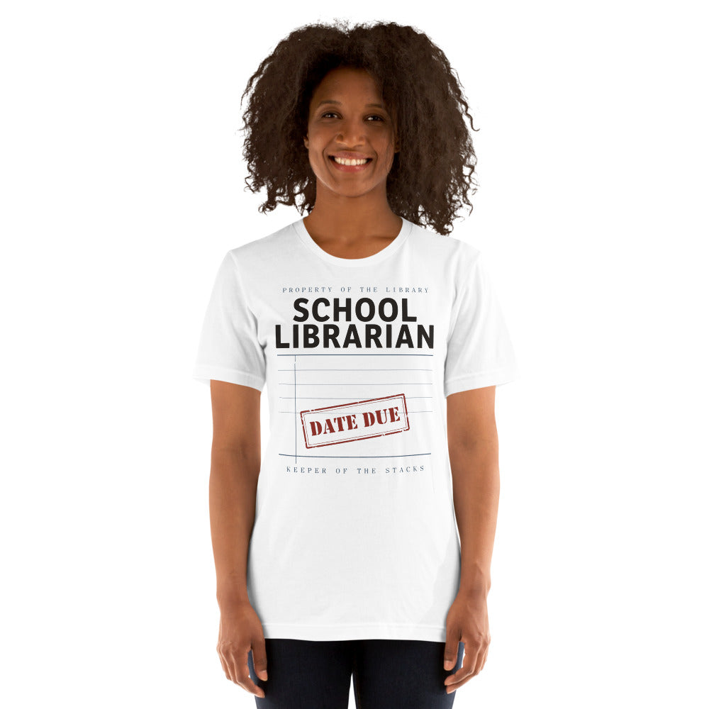 Property of the School Library card catalog school librarian tee — White, on model