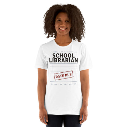 Property of the School Library card catalog school librarian tee — White, on model