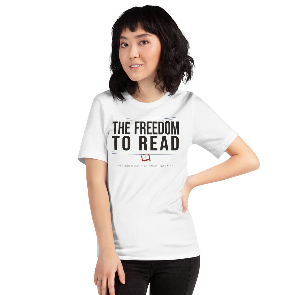 The Freedom to Read school librarian tee — White, on model