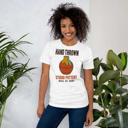 Hand Thrown Studio Pottery retro poster t-shirt — White, on model