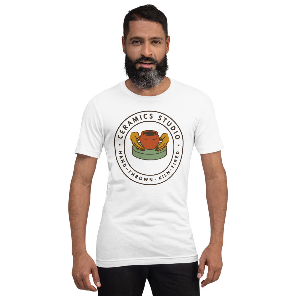 Ceramics Studio Badge hand-thrown pottery t-shirt — White, on model
