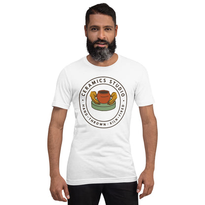 Ceramics Studio Badge hand-thrown pottery t-shirt — White, on model