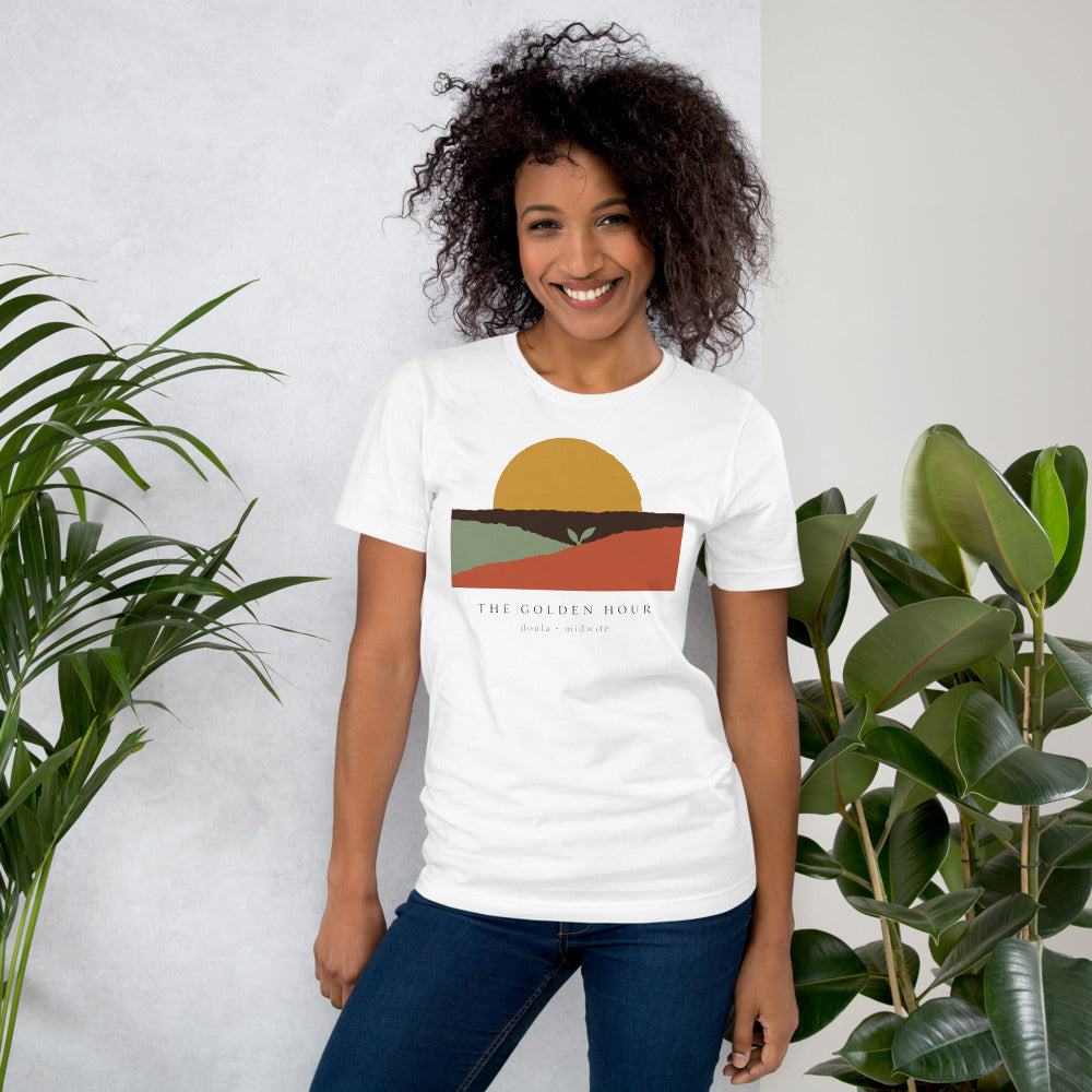 The Golden Hour birth worker doula t-shirt — White, on model
