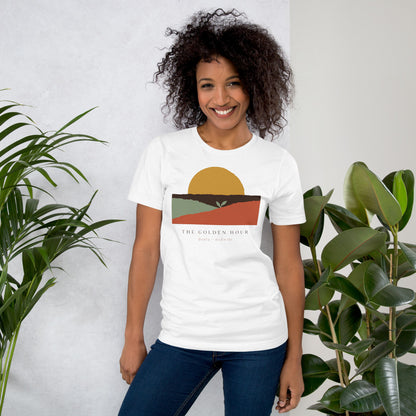 The Golden Hour birth worker doula t-shirt — White, on model
