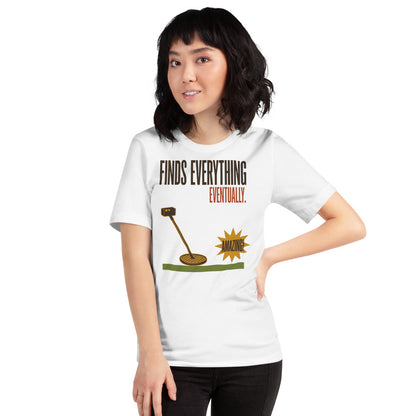 Finds Everything Eventually retro metal detecting tee — White, on model