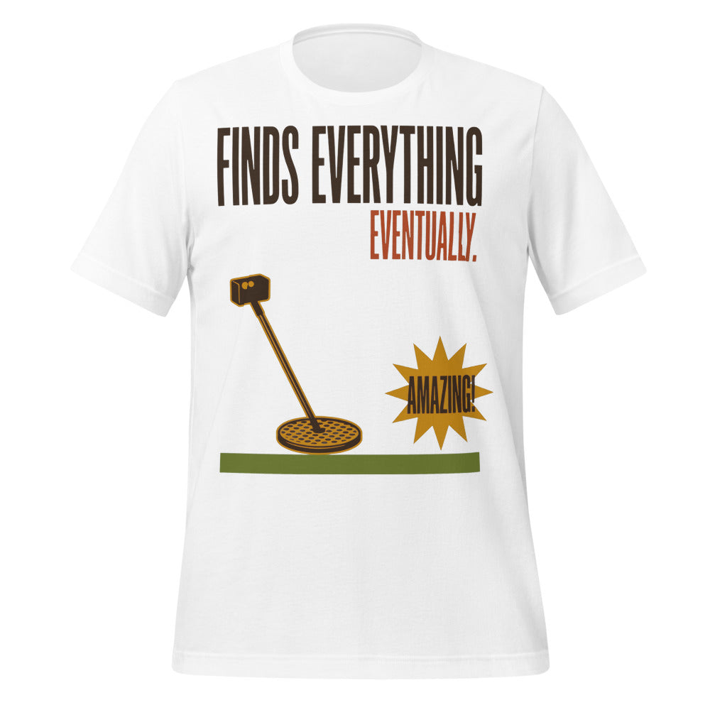 Finds Everything Eventually retro metal detecting tee — White, front